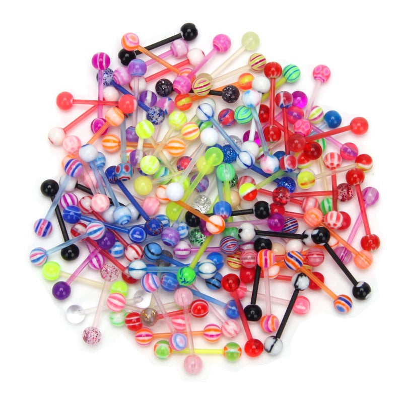 CrazyPiercing Wholesale 14g Acrylic Bar Tongue Rings Barbells Assorted Colors 110 PCS Acrylic Ball - Image 1